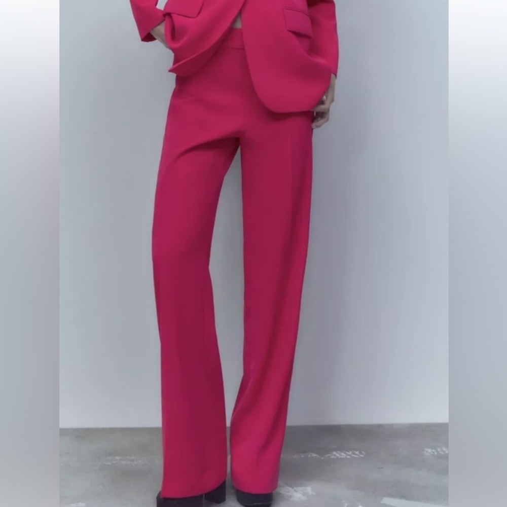 ZARA‎ pink fuschia flat front high waist straight leg Flowy pants Sz S